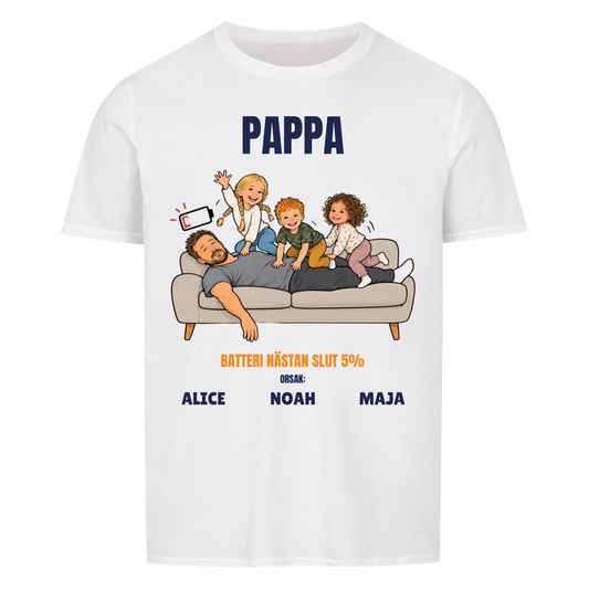 Pappa batteri 5% t-shirt med ditt foto som tecknad trött pappa och barnens namn. Rolig present till pappa