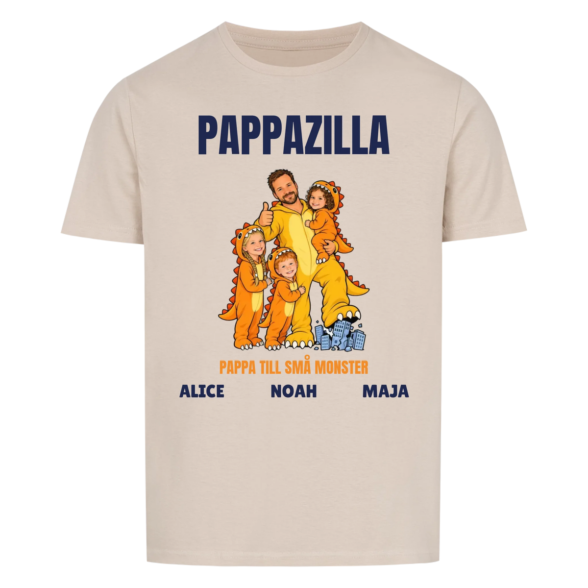 Pappazilla t-shirt med ditt foto som tecknad monsterpappa och barnens namn. Personlig present till pappa