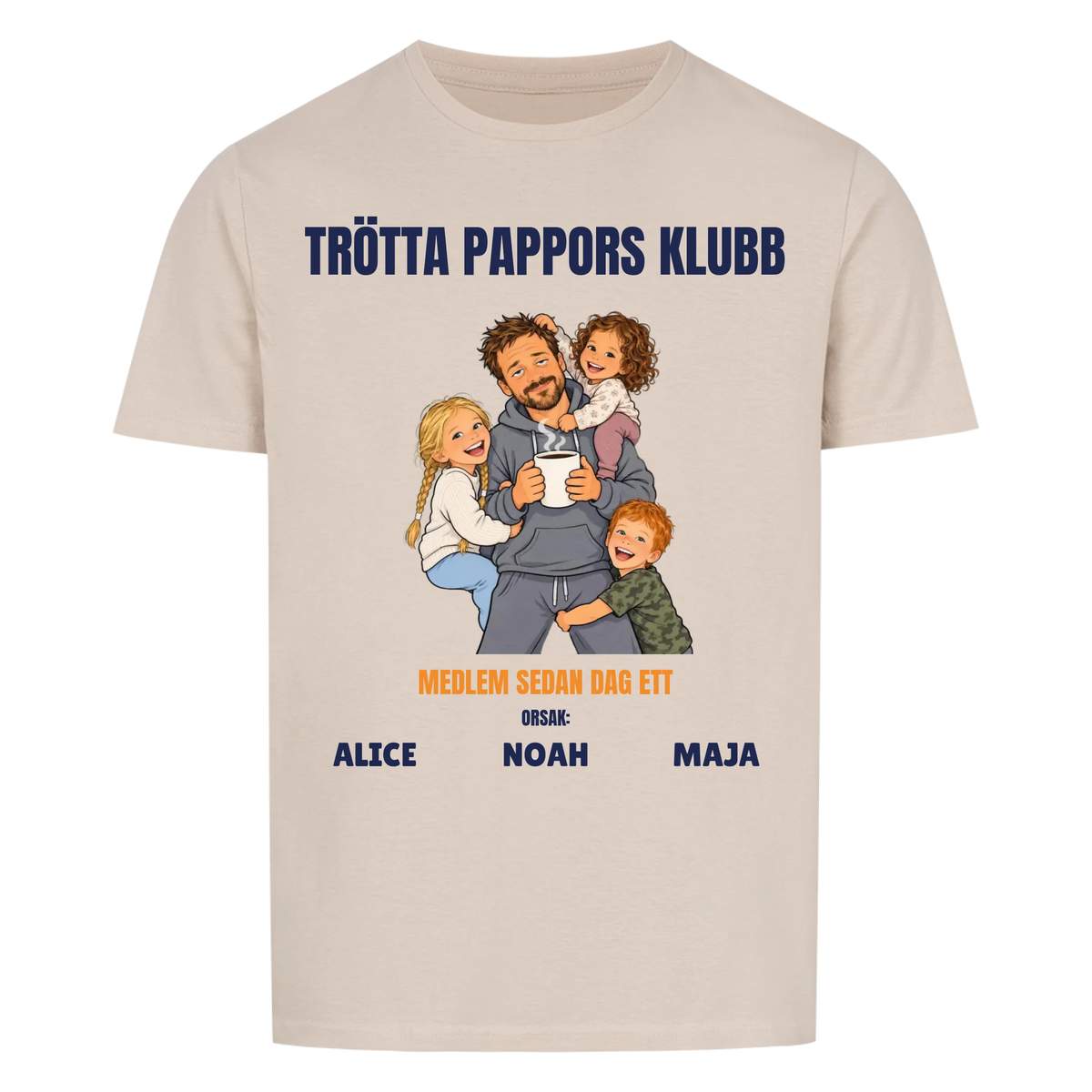 Trötta pappors klubb t-shirt med ditt foto som tecknad pappa och barnens namn. Rolig present till pappa