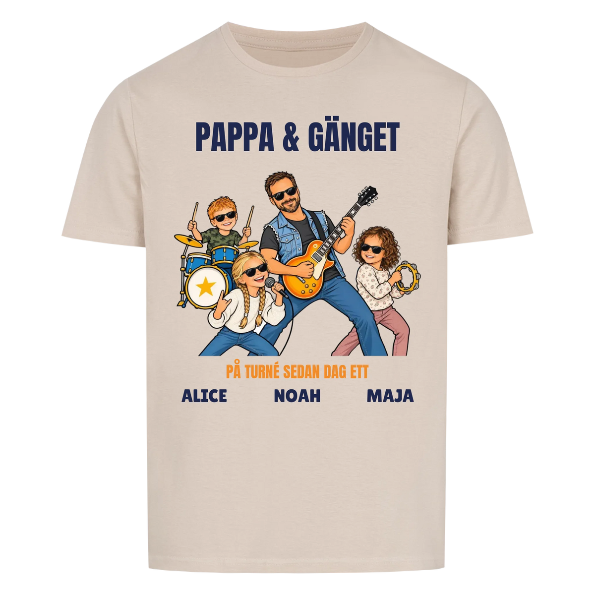Pappa och gänget t-shirt med ditt foto som tecknat rockband och barnens namn. Personlig present till pappa