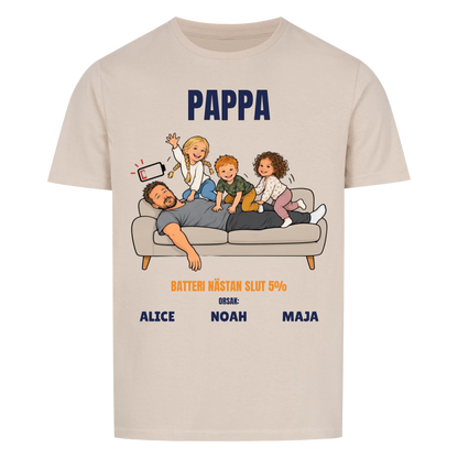 Pappa batteri 5% t-shirt med ditt foto som tecknad trött pappa och barnens namn. Rolig present till pappa