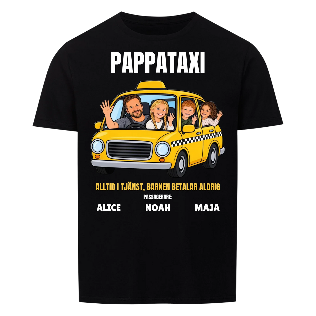 Pappataxi t-shirt med ditt foto som tecknad taxipappa och barnens namn. Personlig present till pappa