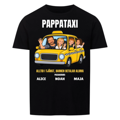 Pappataxi t-shirt med ditt foto som tecknad taxipappa och barnens namn. Personlig present till pappa