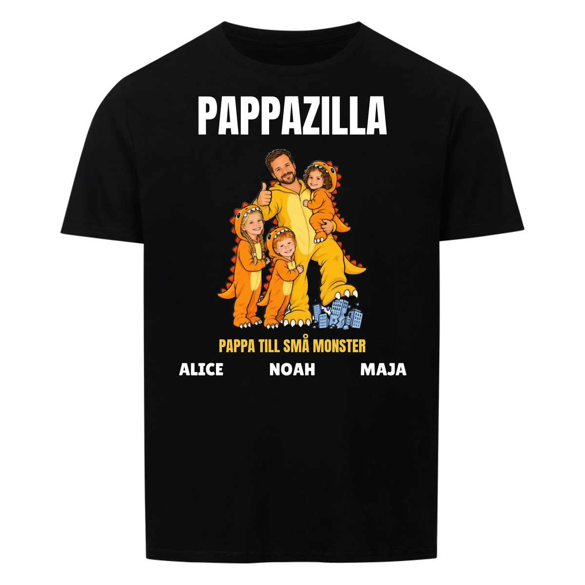 Pappazilla t-shirt med ditt foto som tecknad monsterpappa och barnens namn. Personlig present till pappa