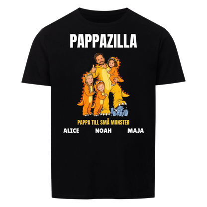Pappazilla t-shirt med ditt foto som tecknad monsterpappa och barnens namn. Personlig present till pappa