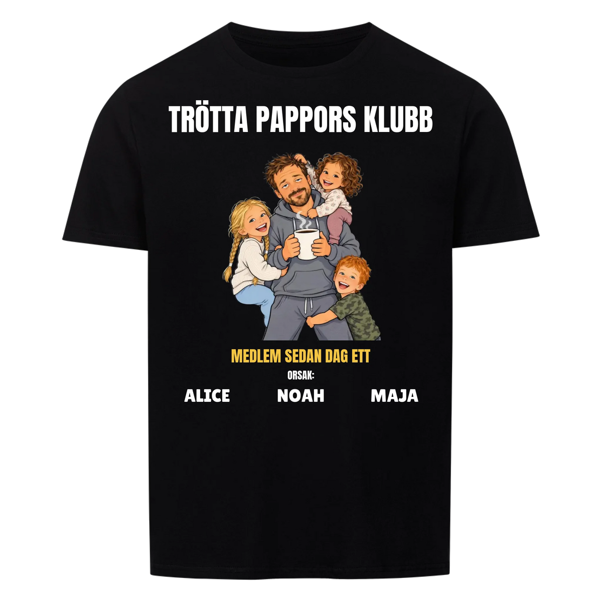 Trötta pappors klubb t-shirt med ditt foto som tecknad pappa och barnens namn. Rolig present till pappa