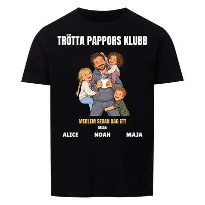 Trötta pappors klubb t-shirt med ditt foto som tecknad pappa och barnens namn. Rolig present till pappa