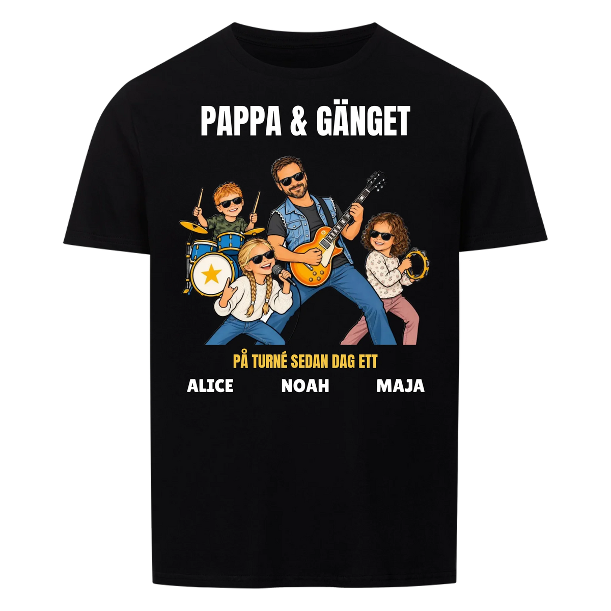 Pappa och gänget t-shirt med ditt foto som tecknat rockband och barnens namn. Personlig present till pappa