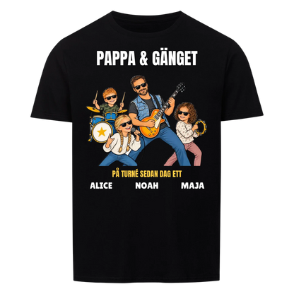 Pappa och gänget t-shirt med ditt foto som tecknat rockband och barnens namn. Personlig present till pappa