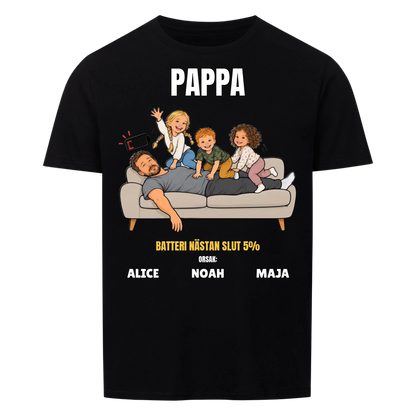 Pappa batteri 5% t-shirt med ditt foto som tecknad trött pappa och barnens namn. Rolig present till pappa
