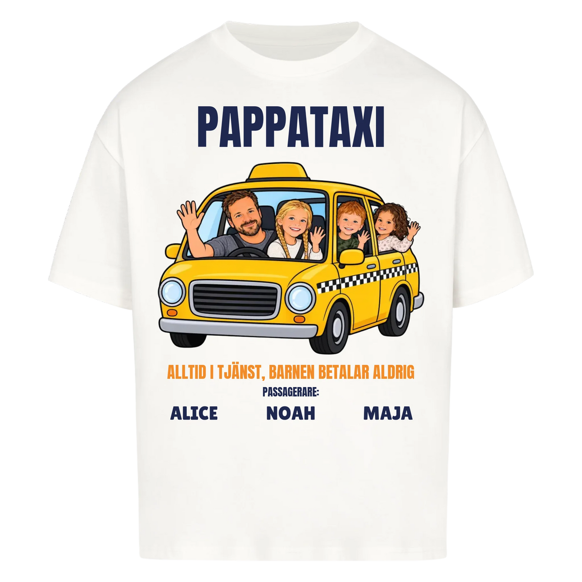 Pappataxi t-shirt med ditt foto som tecknad taxipappa och barnens namn. Personlig present till pappa