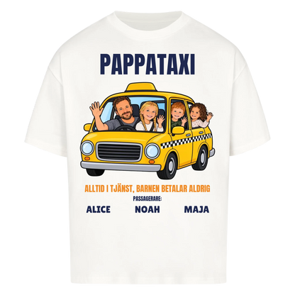 Pappataxi t-shirt med ditt foto som tecknad taxipappa och barnens namn. Personlig present till pappa