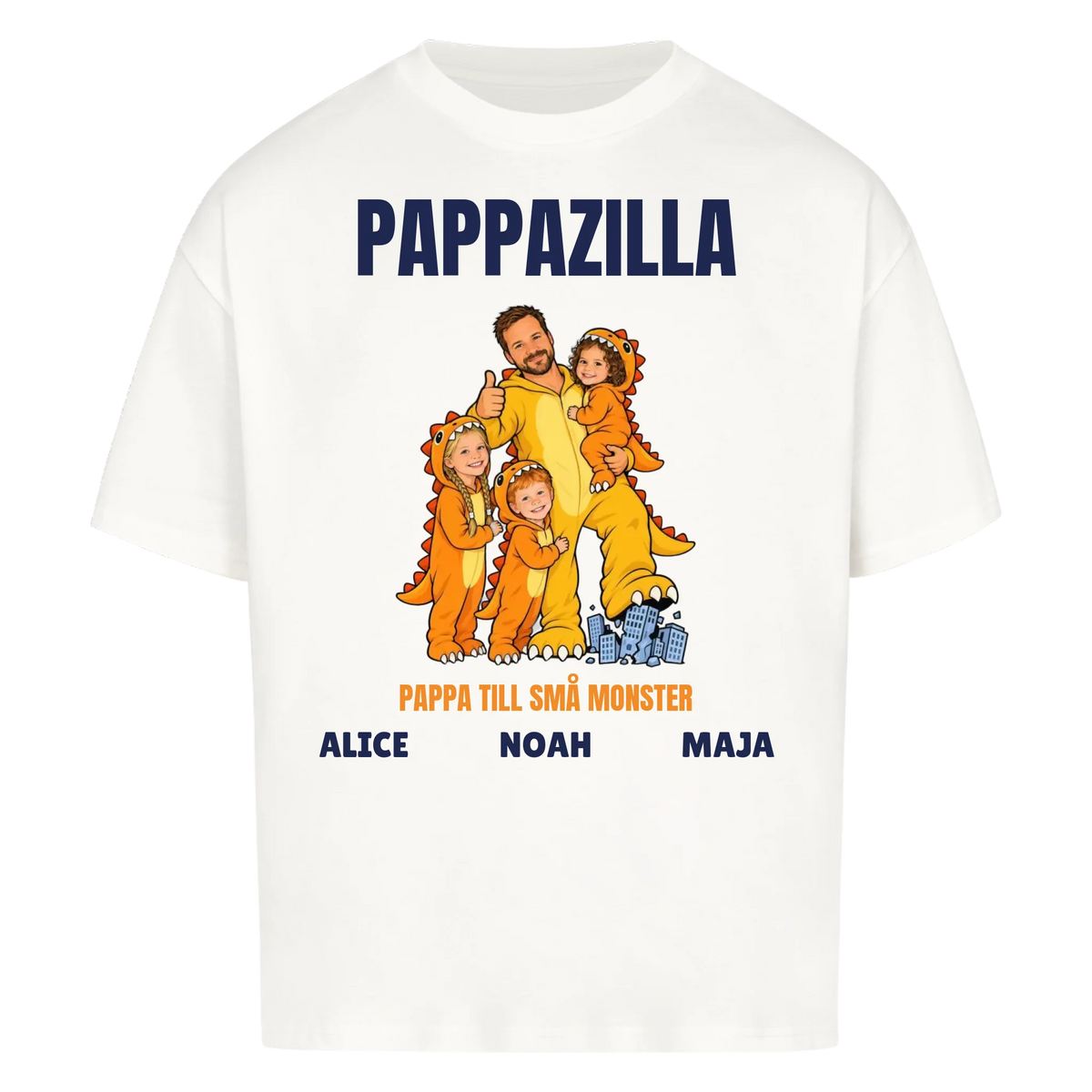 Pappazilla t-shirt med ditt foto som tecknad monsterpappa och barnens namn. Personlig present till pappa