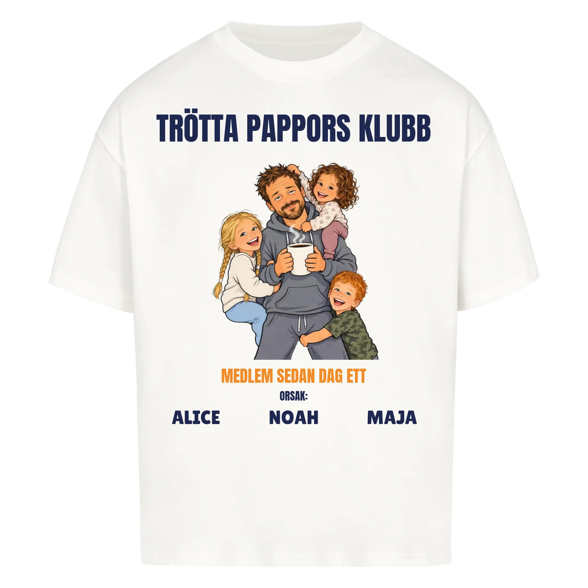 Trötta pappors klubb t-shirt med ditt foto som tecknad pappa och barnens namn. Rolig present till pappa