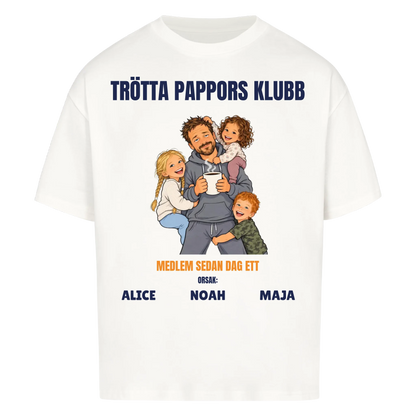 Trötta pappors klubb t-shirt med ditt foto som tecknad pappa och barnens namn. Rolig present till pappa
