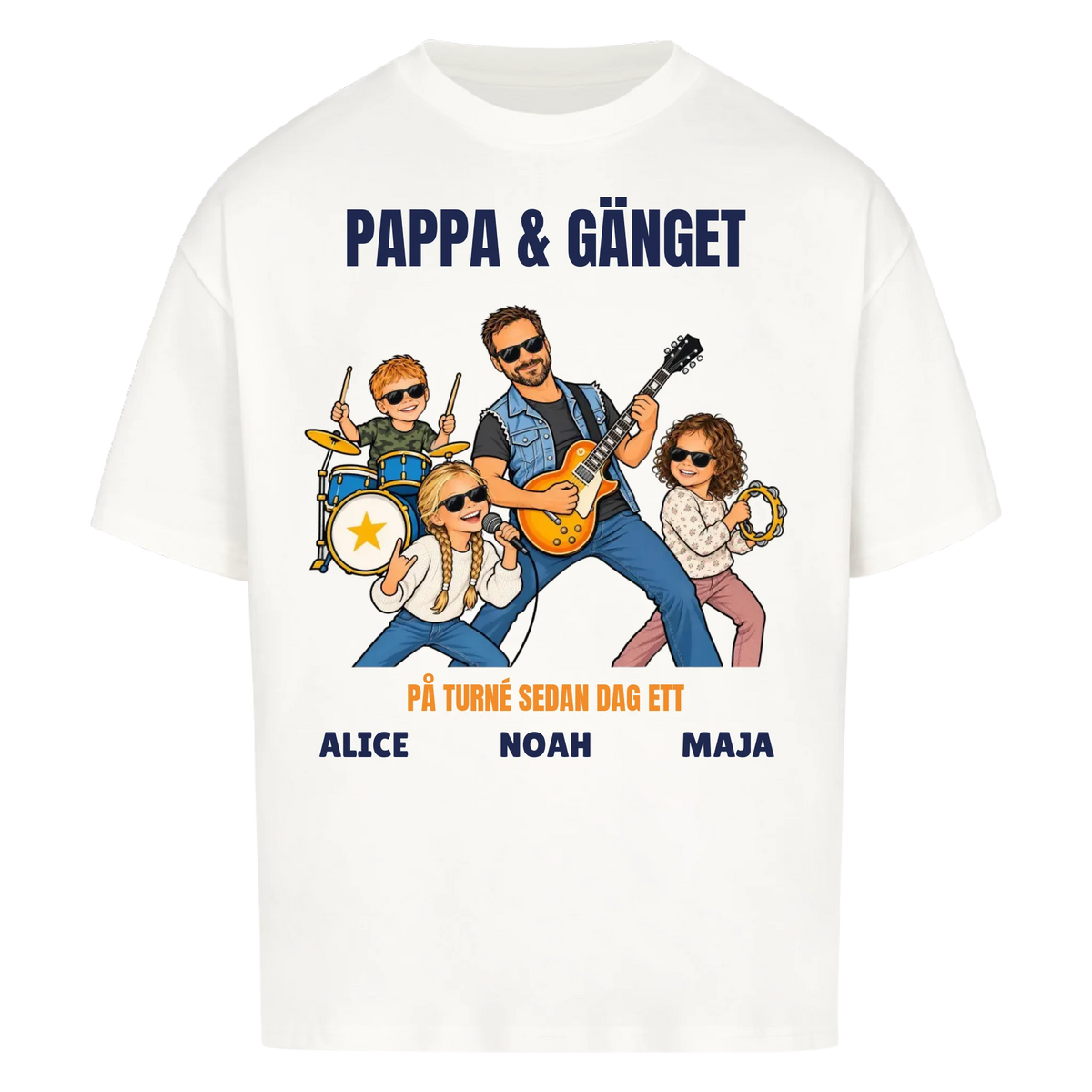 Pappa och gänget t-shirt med ditt foto som tecknat rockband och barnens namn. Personlig present till pappa