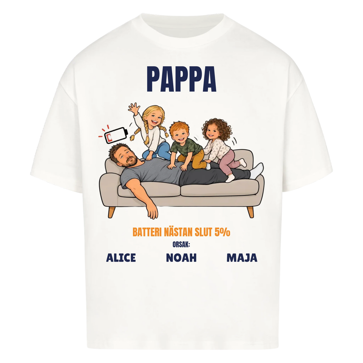 Pappa batteri 5% t-shirt med ditt foto som tecknad trött pappa och barnens namn. Rolig present till pappa