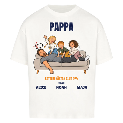 Pappa batteri 5% t-shirt med ditt foto som tecknad trött pappa och barnens namn. Rolig present till pappa