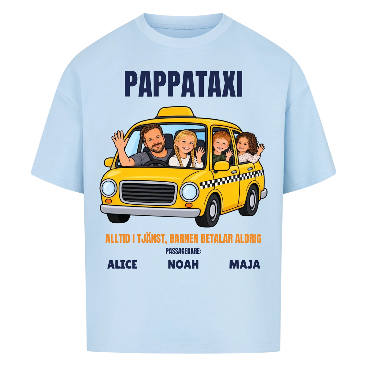 Pappataxi t-shirt med ditt foto som tecknad taxipappa och barnens namn. Personlig present till pappa