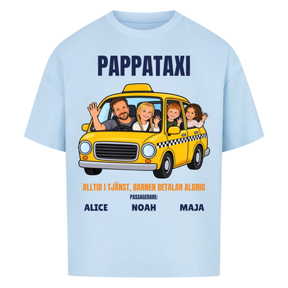 Pappataxi t-shirt med ditt foto som tecknad taxipappa och barnens namn. Personlig present till pappa