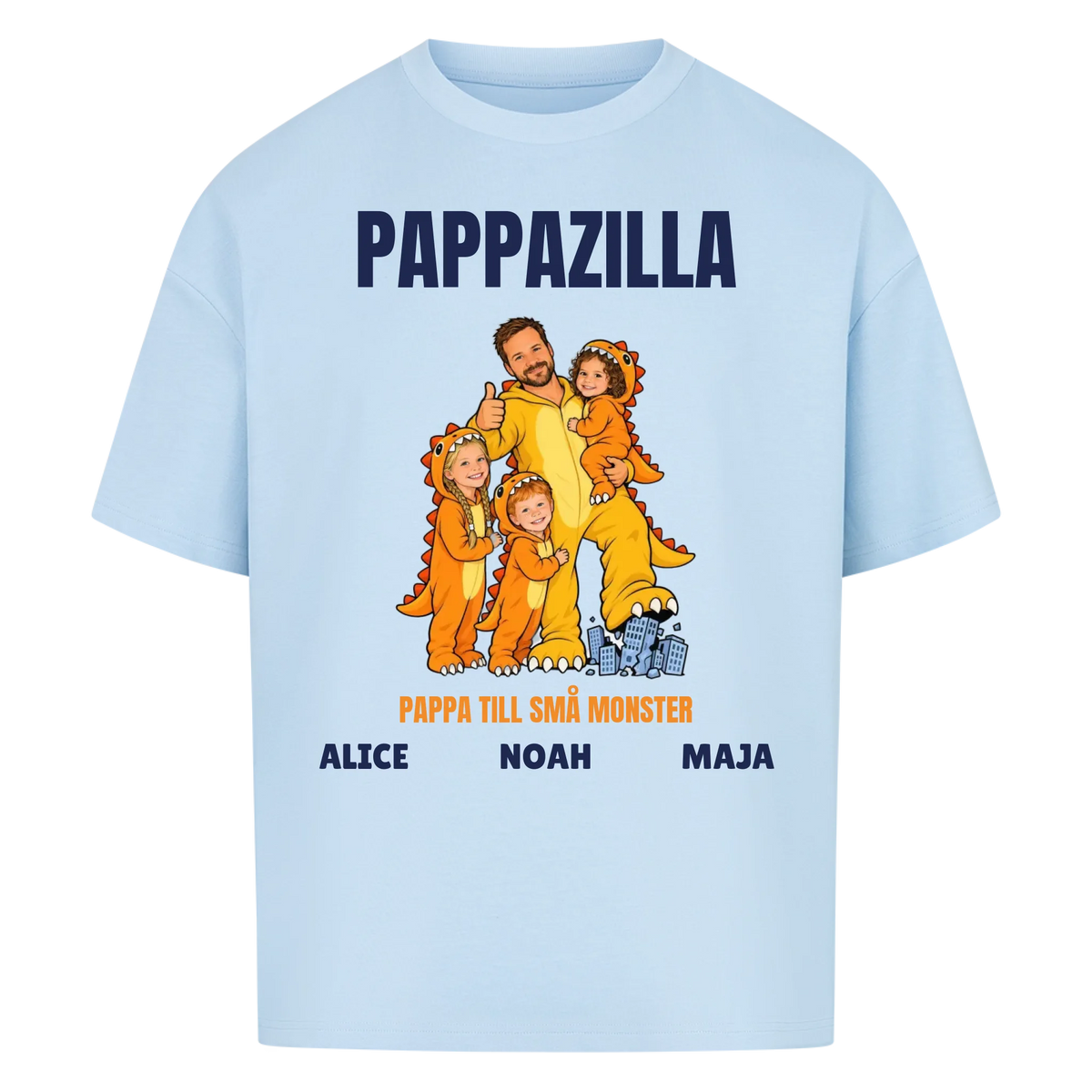 Pappazilla t-shirt med ditt foto som tecknad monsterpappa och barnens namn. Personlig present till pappa