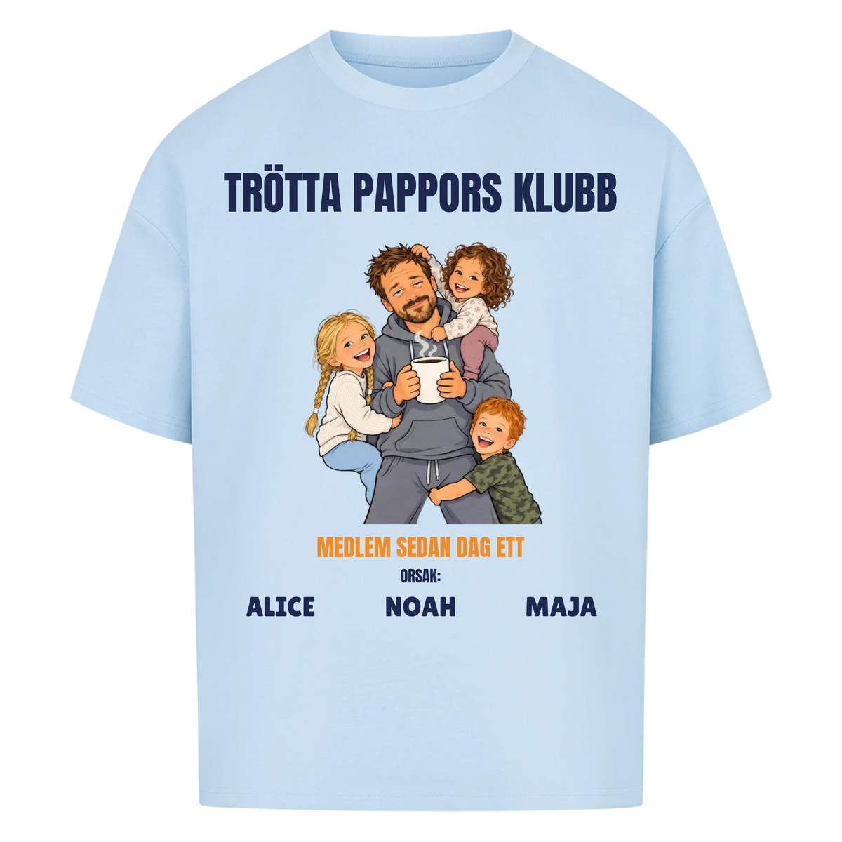 Trötta pappors klubb t-shirt med ditt foto som tecknad pappa och barnens namn. Rolig present till pappa