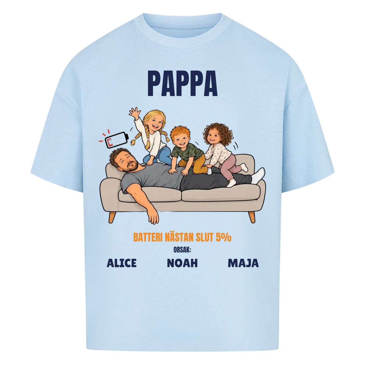 Pappa batteri 5% t-shirt med ditt foto som tecknad trött pappa och barnens namn. Rolig present till pappa