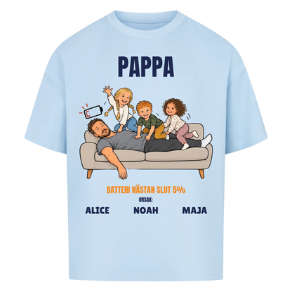 Pappa batteri 5% t-shirt med ditt foto som tecknad trött pappa och barnens namn. Rolig present till pappa