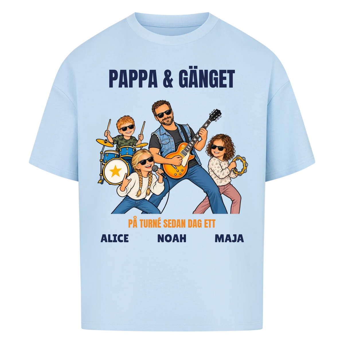 Pappa och gänget t-shirt med ditt foto som tecknat rockband och barnens namn. Personlig present till pappa