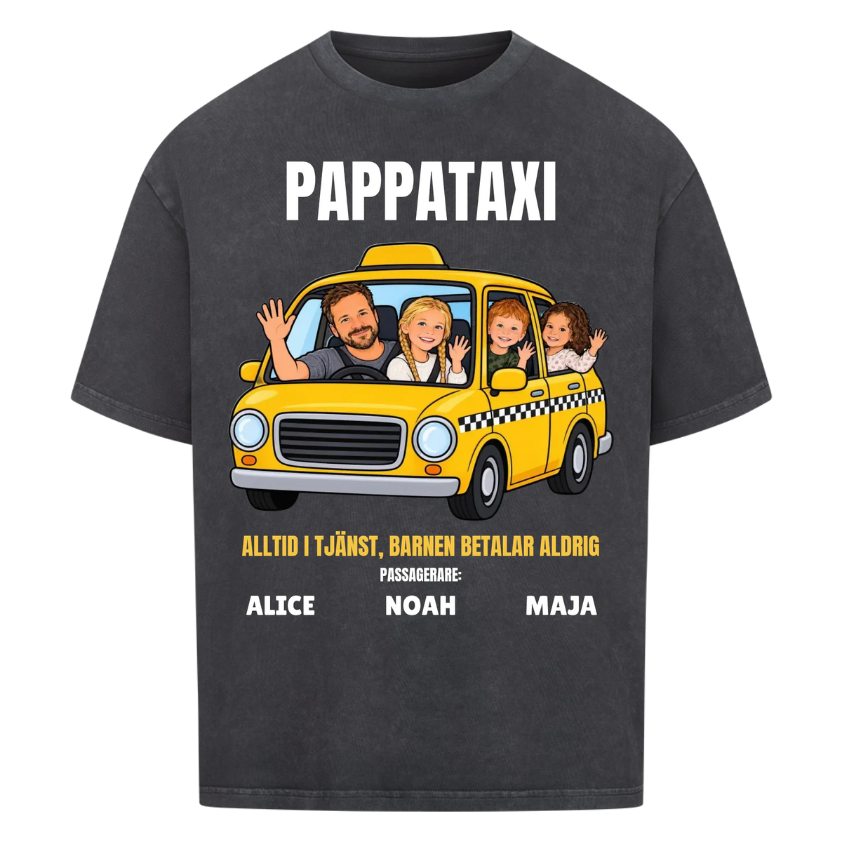 Pappataxi t-shirt med ditt foto som tecknad taxipappa och barnens namn. Personlig present till pappa