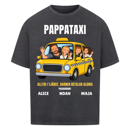Pappataxi t-shirt med ditt foto som tecknad taxipappa och barnens namn. Personlig present till pappa