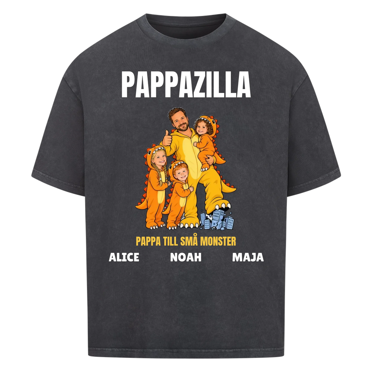 Pappazilla t-shirt med ditt foto som tecknad monsterpappa och barnens namn. Personlig present till pappa