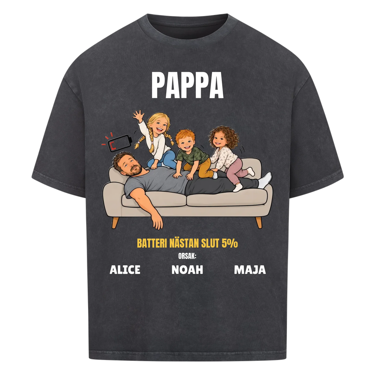 Pappa batteri 5% t-shirt med ditt foto som tecknad trött pappa och barnens namn. Rolig present till pappa