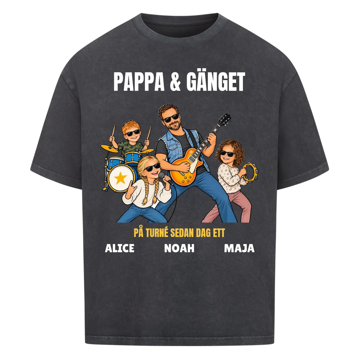 Pappa och gänget t-shirt med ditt foto som tecknat rockband och barnens namn. Personlig present till pappa