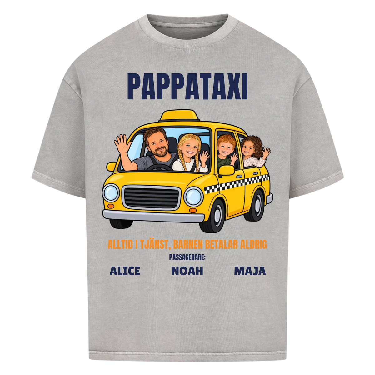 Pappataxi t-shirt med ditt foto som tecknad taxipappa och barnens namn. Personlig present till pappa