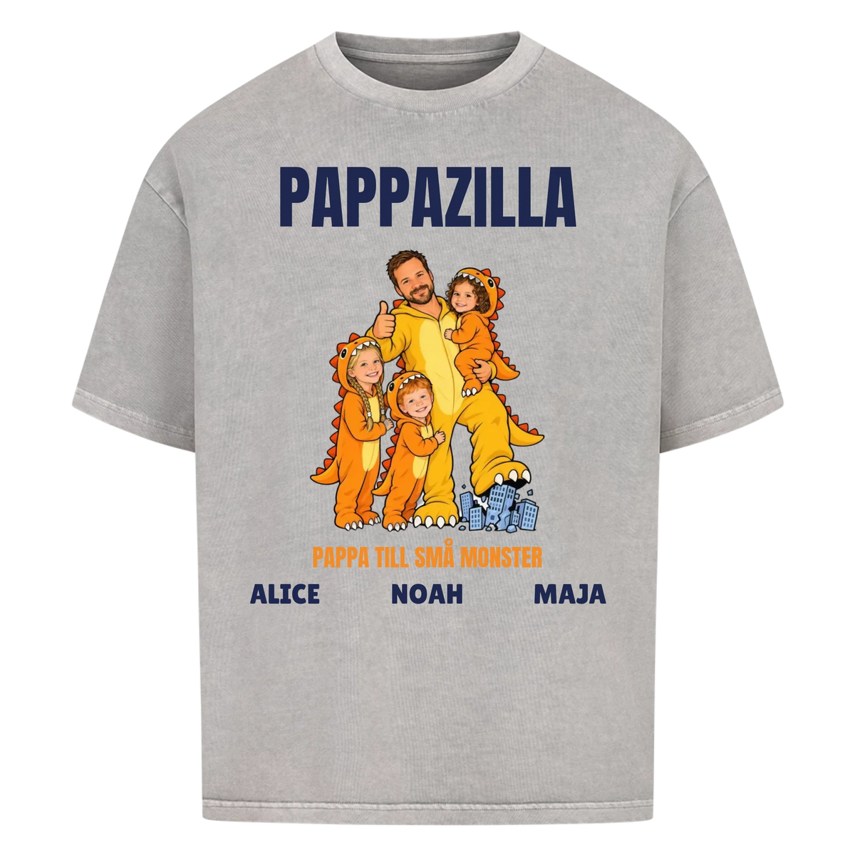 Pappazilla t-shirt med ditt foto som tecknad monsterpappa och barnens namn. Personlig present till pappa