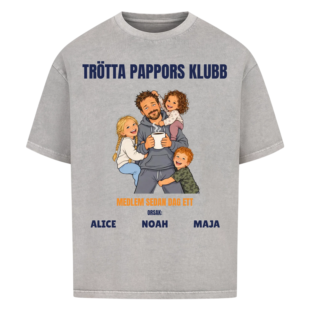 Trötta pappors klubb t-shirt med ditt foto som tecknad pappa och barnens namn. Rolig present till pappa