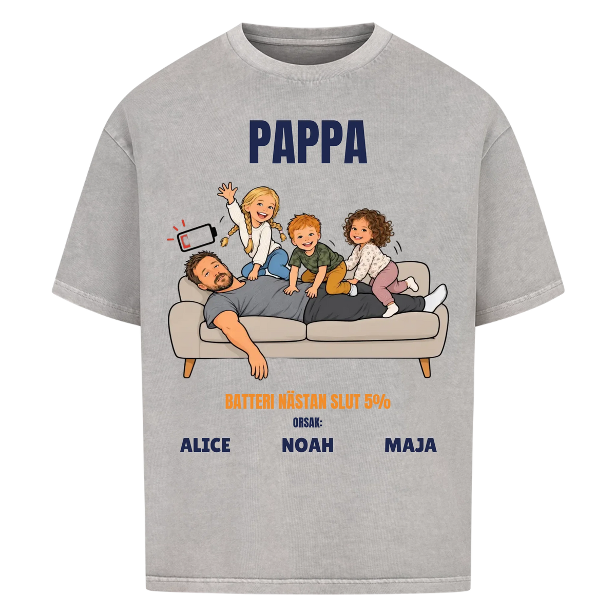 Pappa batteri 5% t-shirt med ditt foto som tecknad trött pappa och barnens namn. Rolig present till pappa