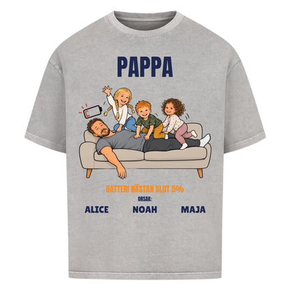 Pappa batteri 5% t-shirt med ditt foto som tecknad trött pappa och barnens namn. Rolig present till pappa