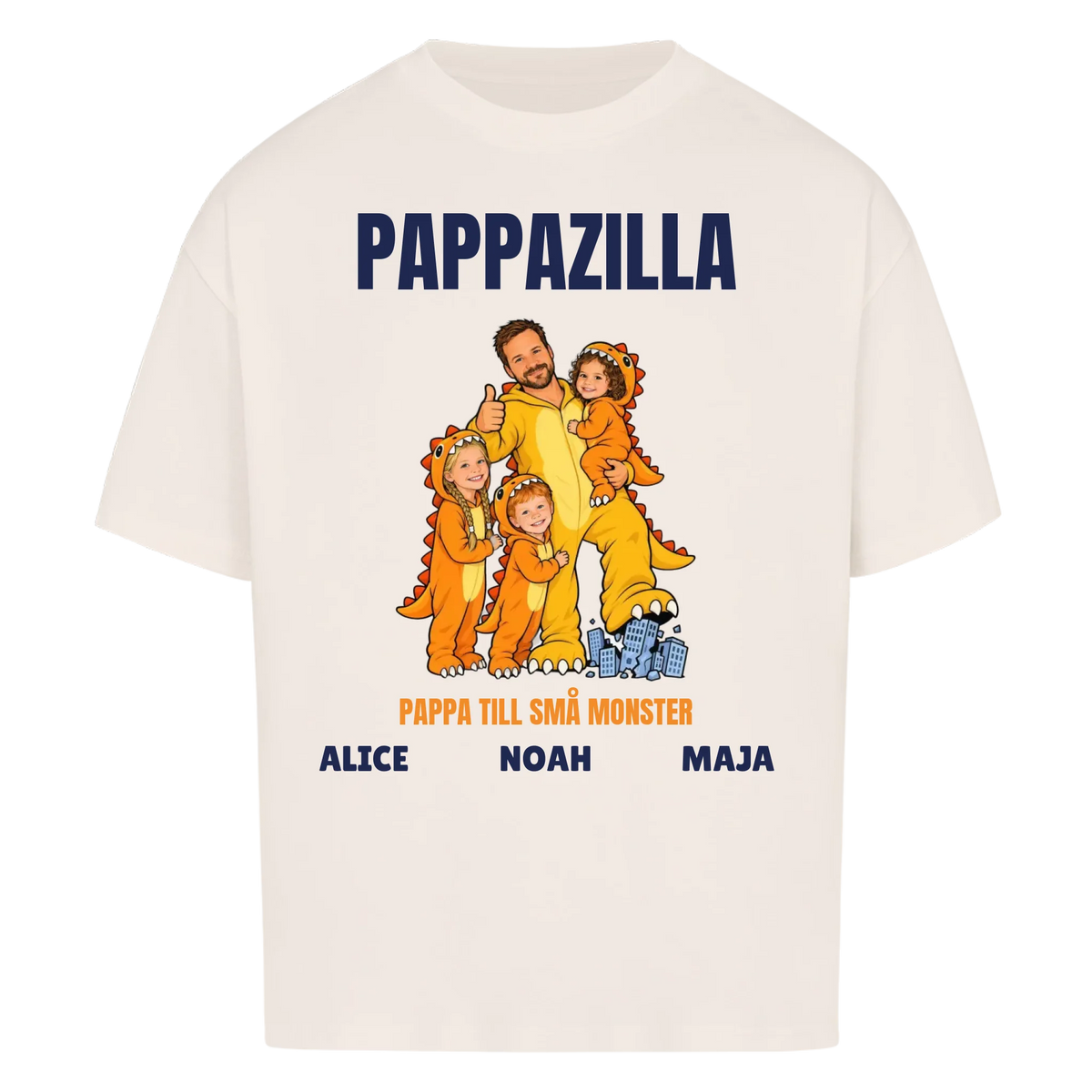 Pappazilla t-shirt med ditt foto som tecknad monsterpappa och barnens namn. Personlig present till pappa