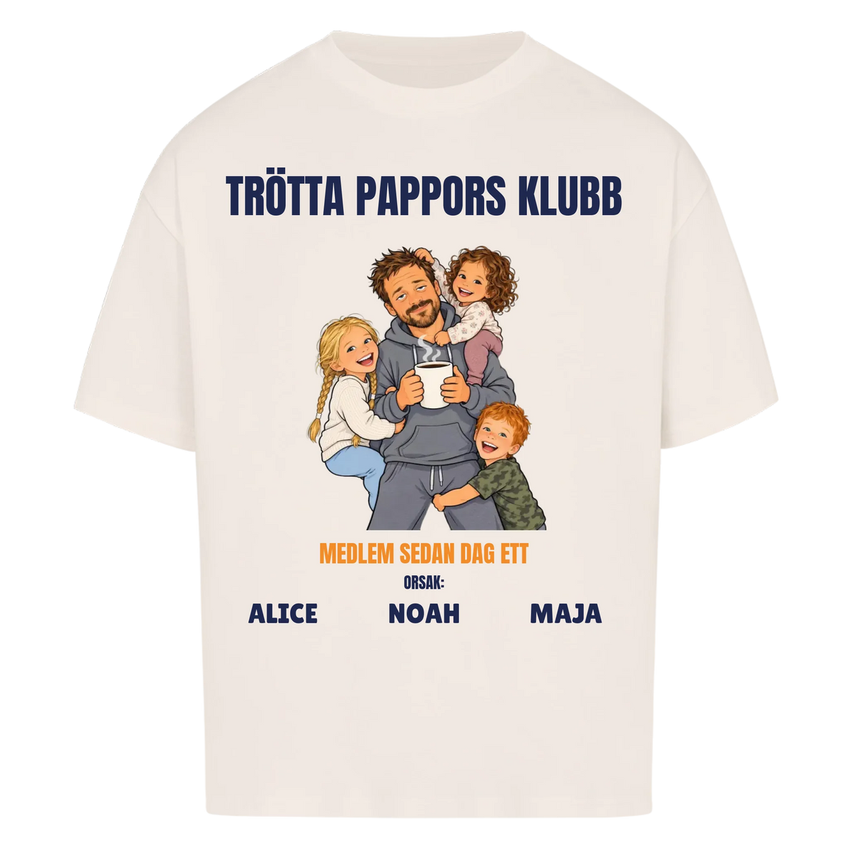 Trötta pappors klubb t-shirt med ditt foto som tecknad pappa och barnens namn. Rolig present till pappa
