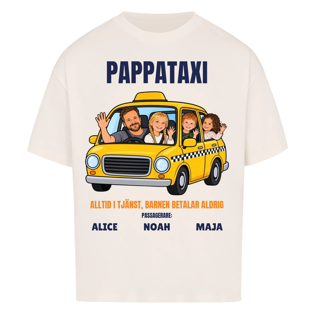 Pappataxi t-shirt med ditt foto som tecknad taxipappa och barnens namn. Personlig present till pappa