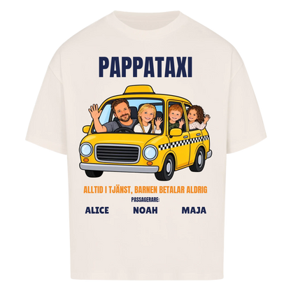 Pappataxi t-shirt med ditt foto som tecknad taxipappa och barnens namn. Personlig present till pappa