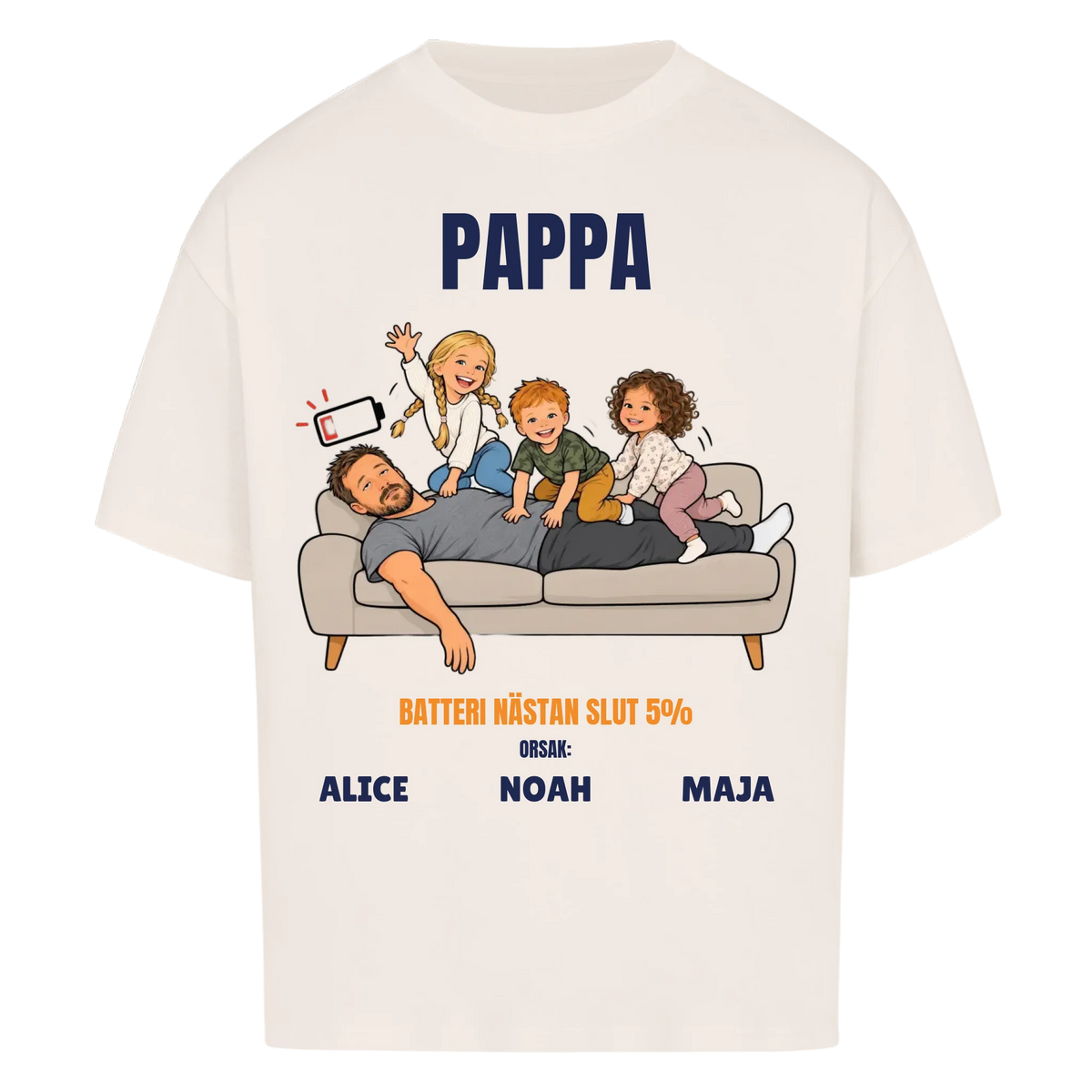 Pappa batteri 5% t-shirt med ditt foto som tecknad trött pappa och barnens namn. Rolig present till pappa