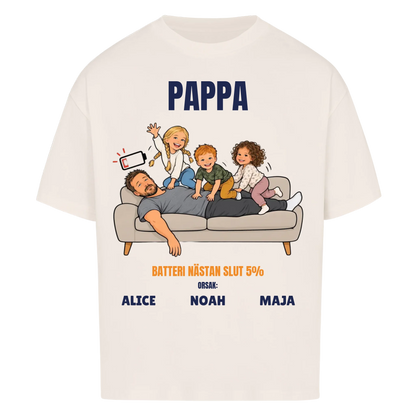 Pappa batteri 5% t-shirt med ditt foto som tecknad trött pappa och barnens namn. Rolig present till pappa