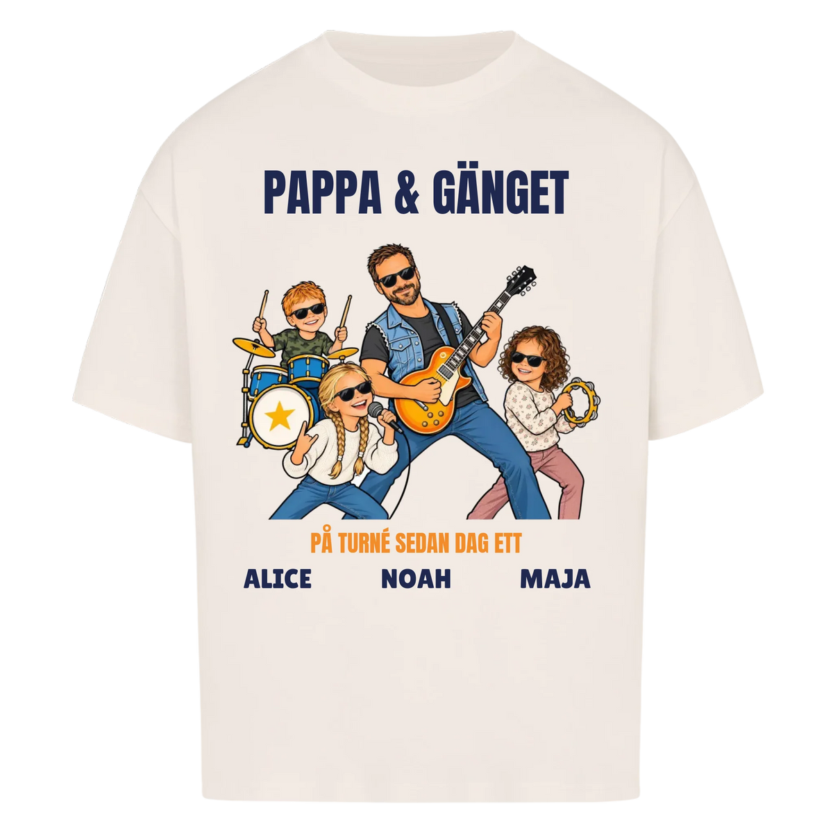 Pappa och gänget t-shirt med ditt foto som tecknat rockband och barnens namn. Personlig present till pappa