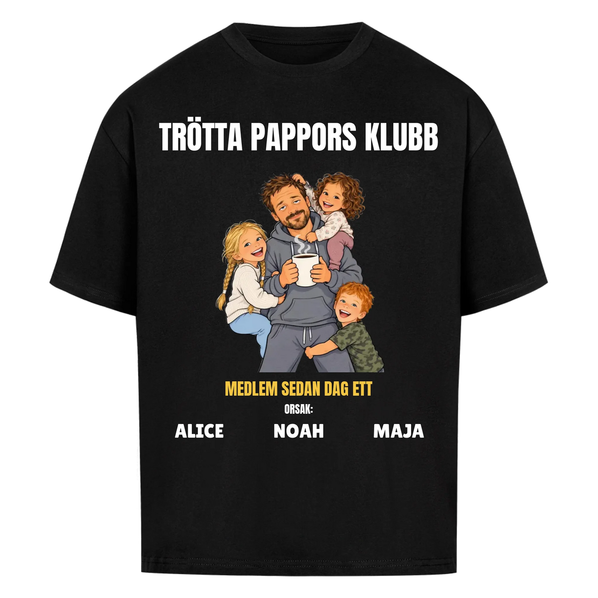 Trötta pappors klubb t-shirt med ditt foto som tecknad pappa och barnens namn. Rolig present till pappa