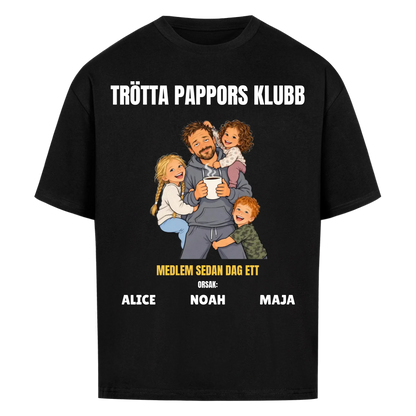 Trötta pappors klubb t-shirt med ditt foto som tecknad pappa och barnens namn. Rolig present till pappa