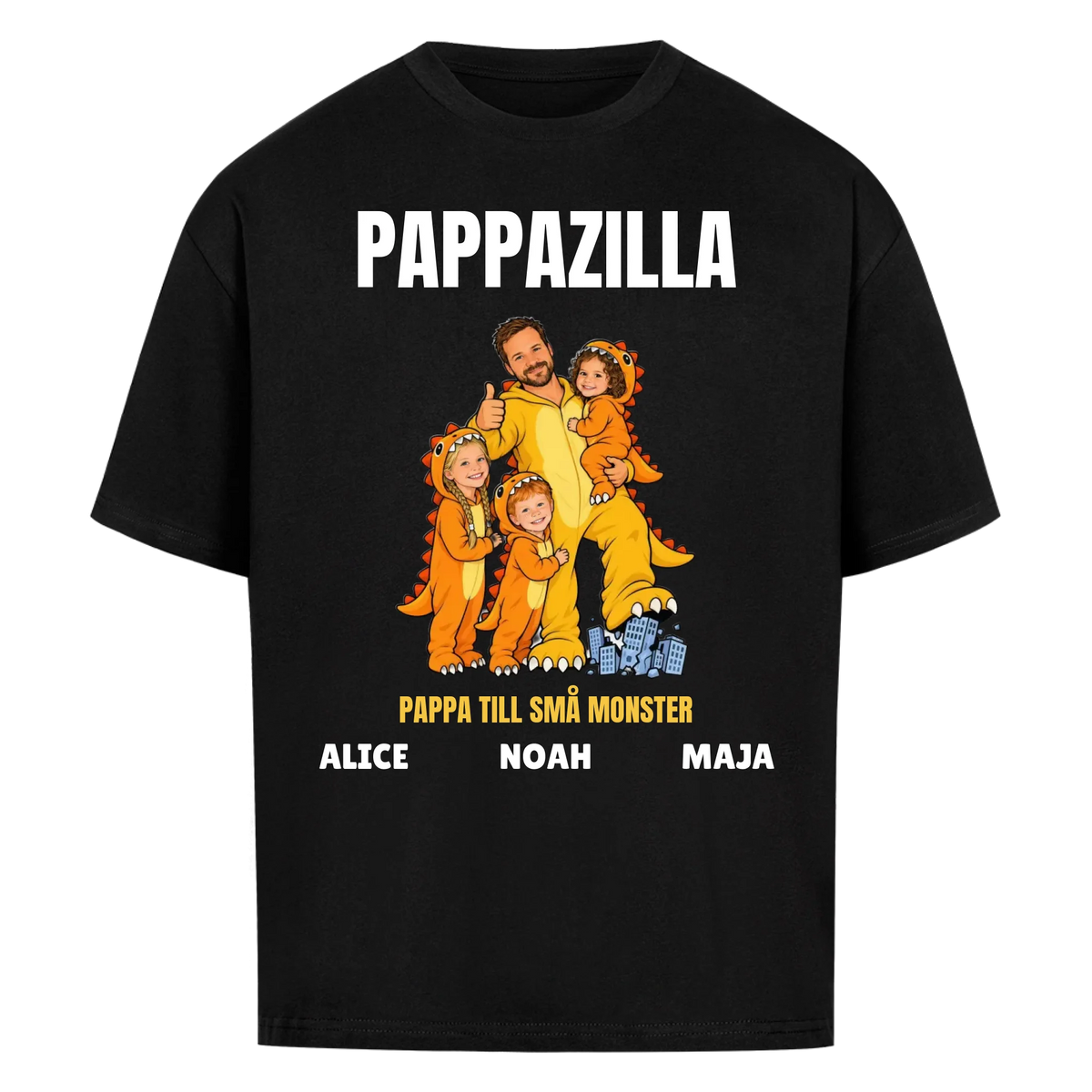 Pappazilla t-shirt med ditt foto som tecknad monsterpappa och barnens namn. Personlig present till pappa