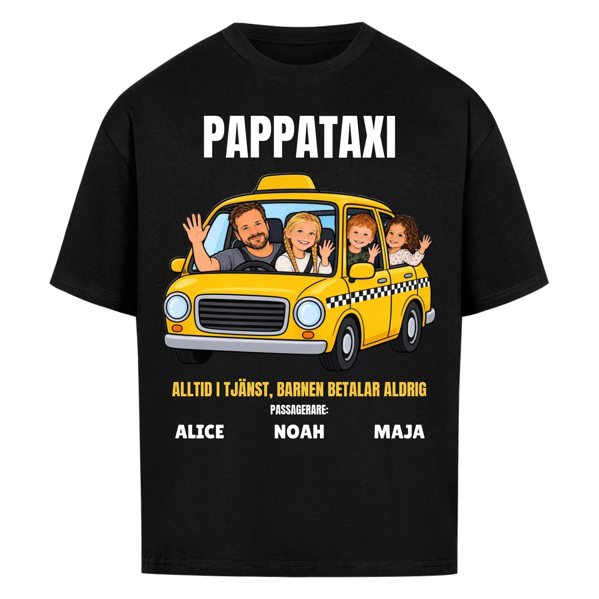 Pappataxi t-shirt med ditt foto som tecknad taxipappa och barnens namn. Personlig present till pappa